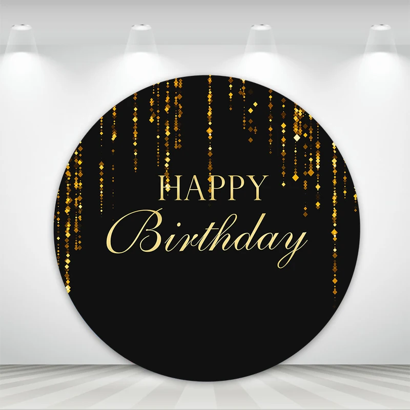 Mocsicka Happy Birthday Black Round Backdrop Cover Gold Pendant Custom Name Circle Background for Photography Studio