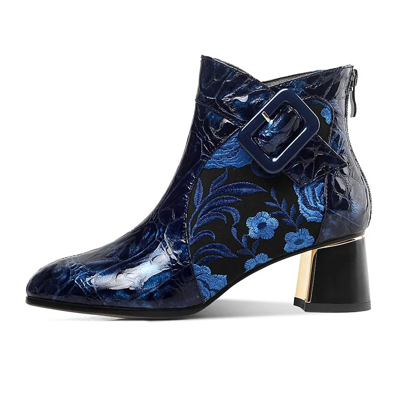Phoentin Embroider Boot Women Genuine Leather Ankle Boots Winter New Back Zipper High Heels Party Basic Shoes FT1222