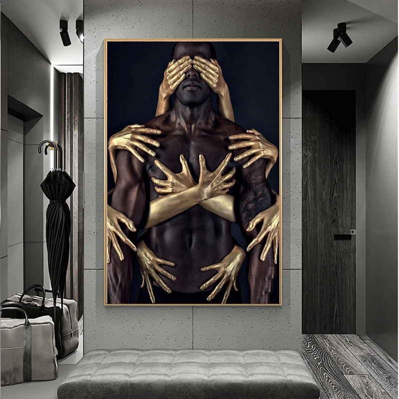 African Art Black Gold Nude Embrace Canvas Paintings Wall Art Posters and Prints Man Woman Wall Pictures for Living Room Cuadros