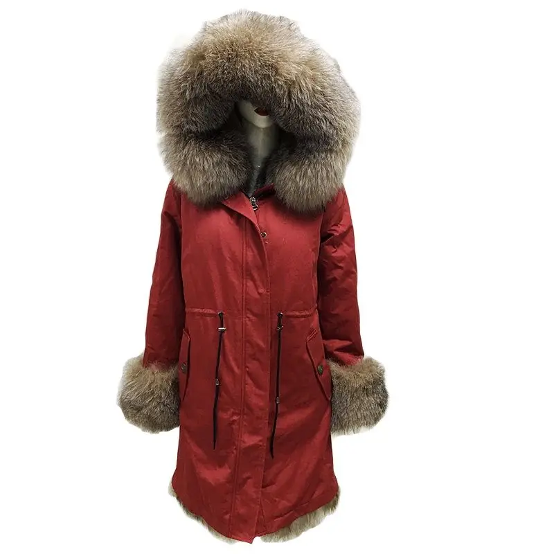 Tartan Fox Fur Women Genuine Leather Red Coat With Hoodies Winter Warm Jacket