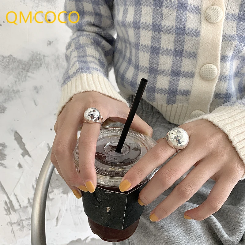 QMCOCO Silver Color  Large Ball Smooth Rings For Woman Vintage Simple Party Jewelry Gifts 2021 New Style Trendy Ring