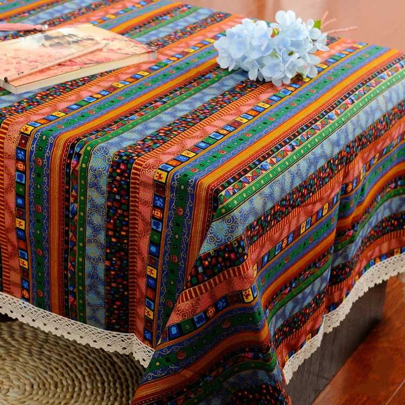 Bohemia Ethnic Style Striped Pattern Linen&cotton Table Cloth Colorful Geometric White Lace Decorative Desk Cover Wholesale