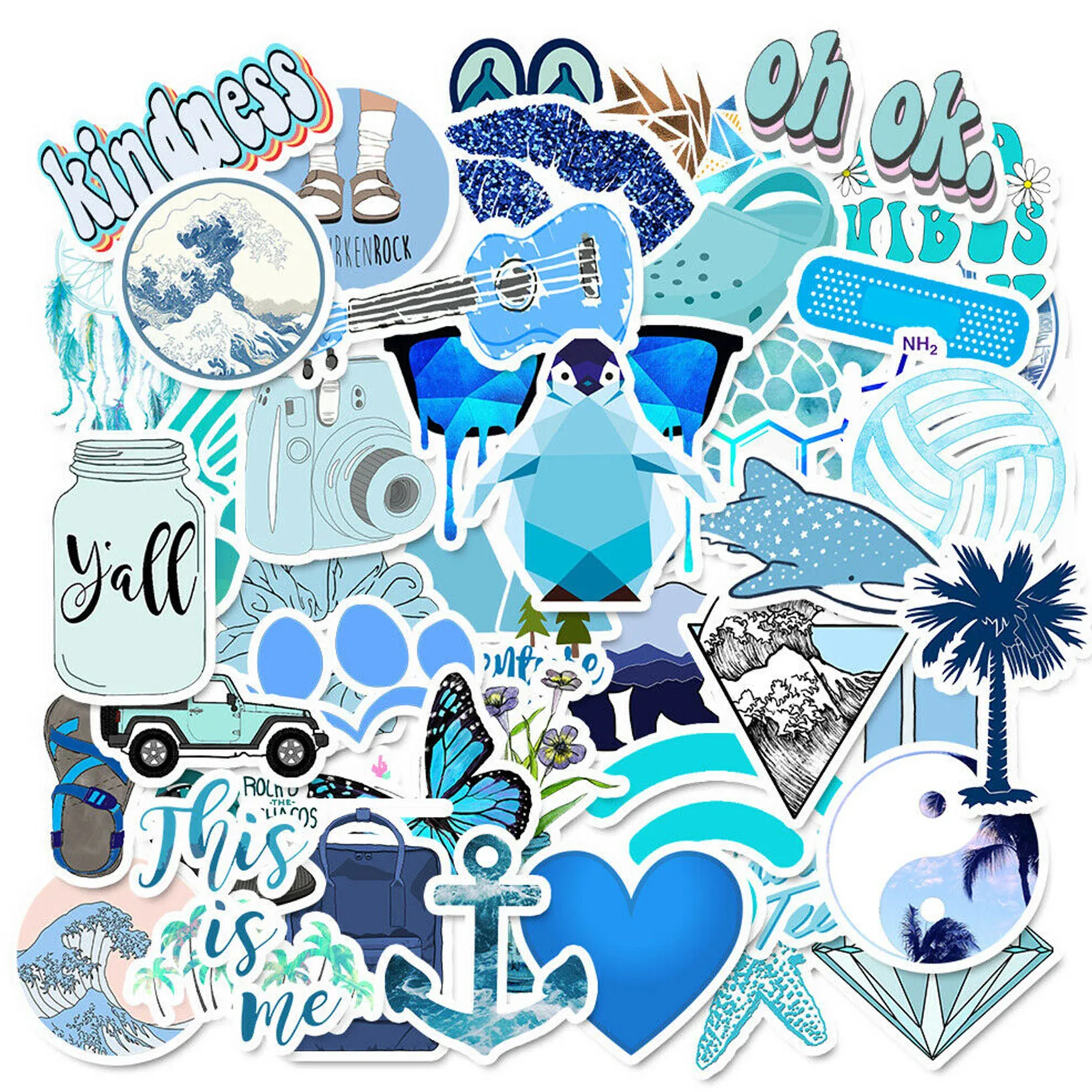Pegatinas azules para monopatín, calcomanía de vinilo para ordenador portátil, equipaje, VSCO, pegatina para niñas, 50 Uds.