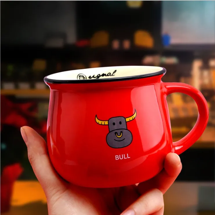 Creative 2021 Zodiac Year of the Ox Red New Year Gift Cartoon bull Ceramic Mug Annual Meeting Gift Custom Water coffee Cup