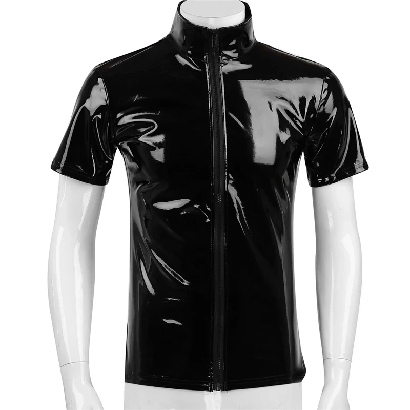 Mens Sexy Glossy PVC Leather short-sleeved Shirt Erotic Shaping Latex Casual Coat Male Shiny Metallic Patent Leather Tops Sexi