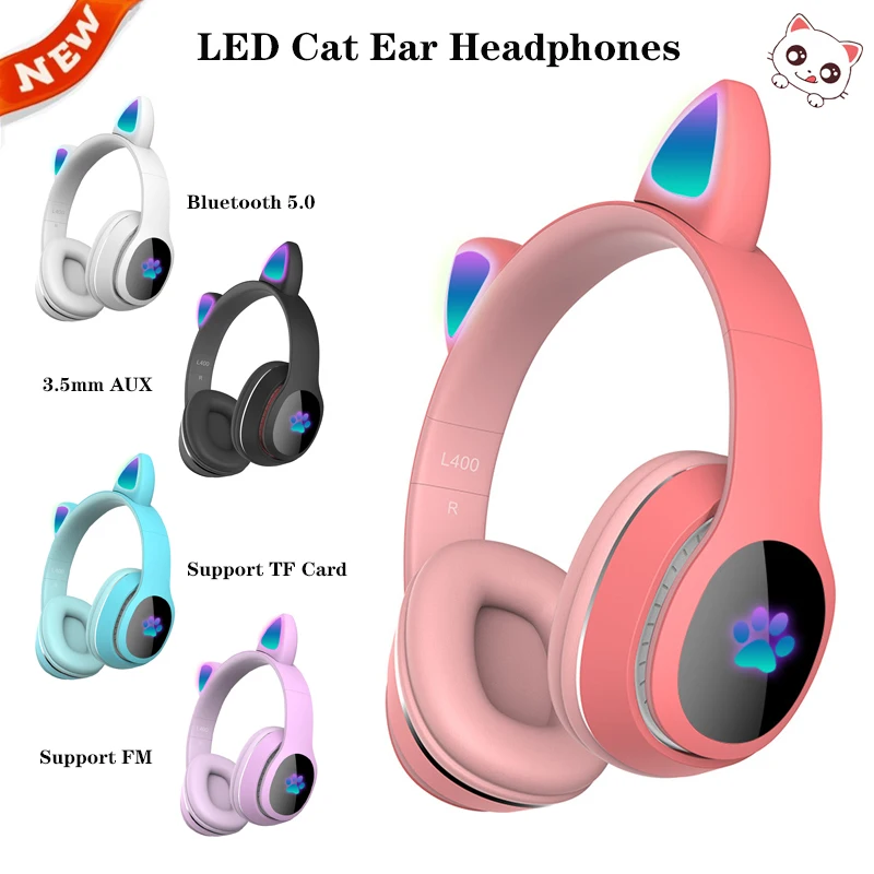 LED Cute Cat Ears Wireless Headphones Bluetooth 5.0 Gaming Headset Colorful Bluetooth Headset With Mic Best Gift For kids adults