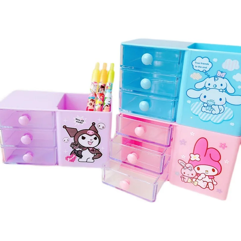 14CM Cartoon Kawaii Sanrio Kuromi Mymelody Cinnamoroll Desktop Storage Box Three-Tier Drawer Student Desk Pen Holder Stationery