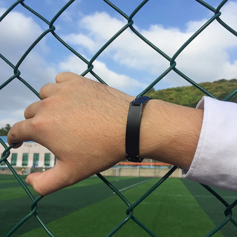 Vnox Men Personalized Custom Engrave ID Bracelets Black and Blue Color Stainless Steel Link Chain 8.46"