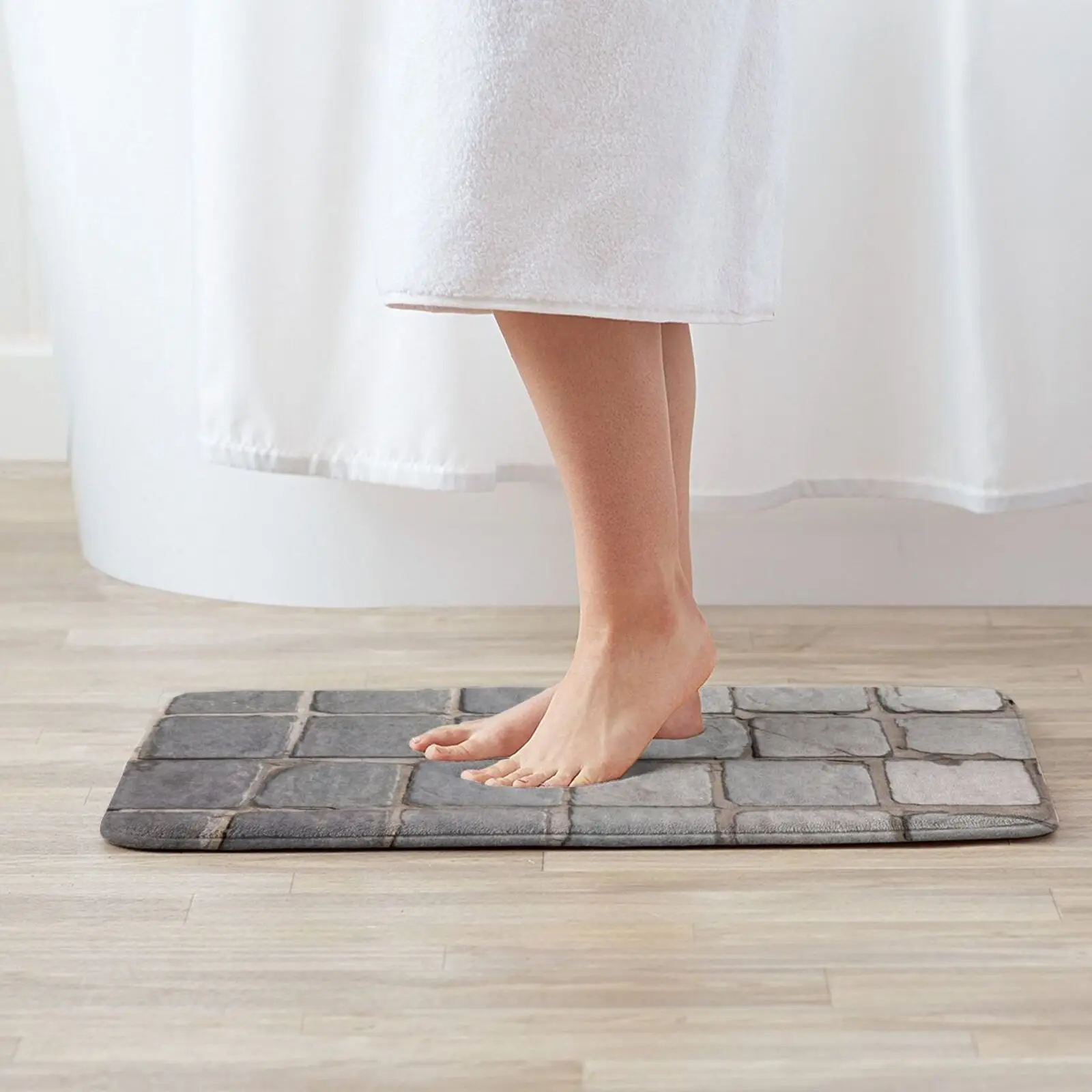 Grey Stonework Cobblestone Tiles Background Entrance Door Mat Bath Mat Rug Nature Vintage Cute White Floral Greenery Flourishes