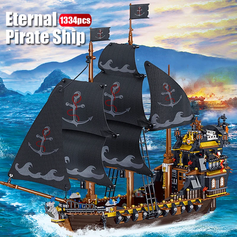 Ideas Enlighten Big Black Pearl Pirate Ship Building Block Military Pirates Royal Guards Battle Castle Boat Model Bricks Toy