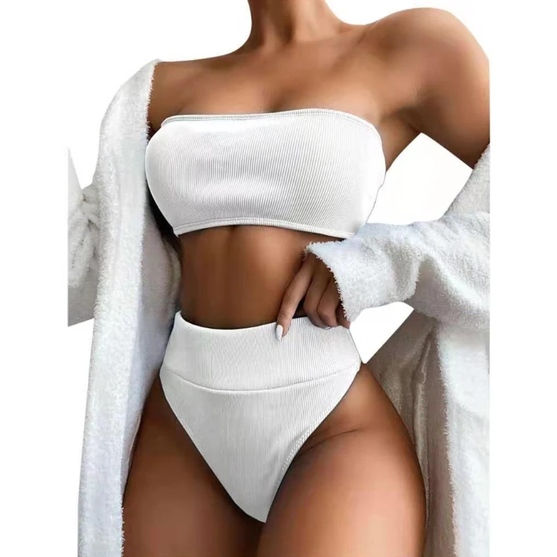 

Women Sexy 2 Pieces Bikini Set Strapless Ribbed Bandeau Tube Top Micro Swimsuit High Waist Thong Simple Solid Color Bathing