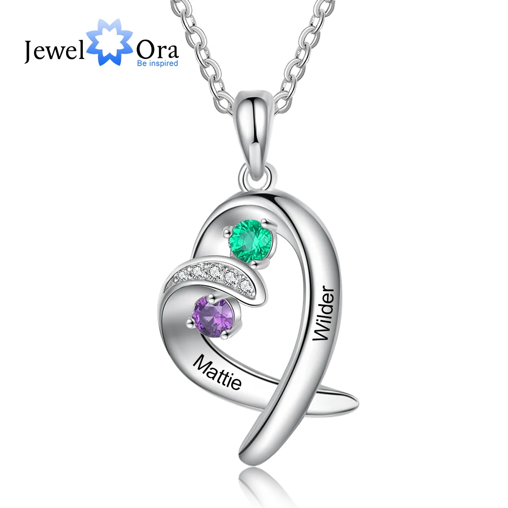 

JewelOra Romantic Personalized Name Heart Pendant with 2 Inlaid Birthstones Customized Engraving Couple Necklace Valentines Gift