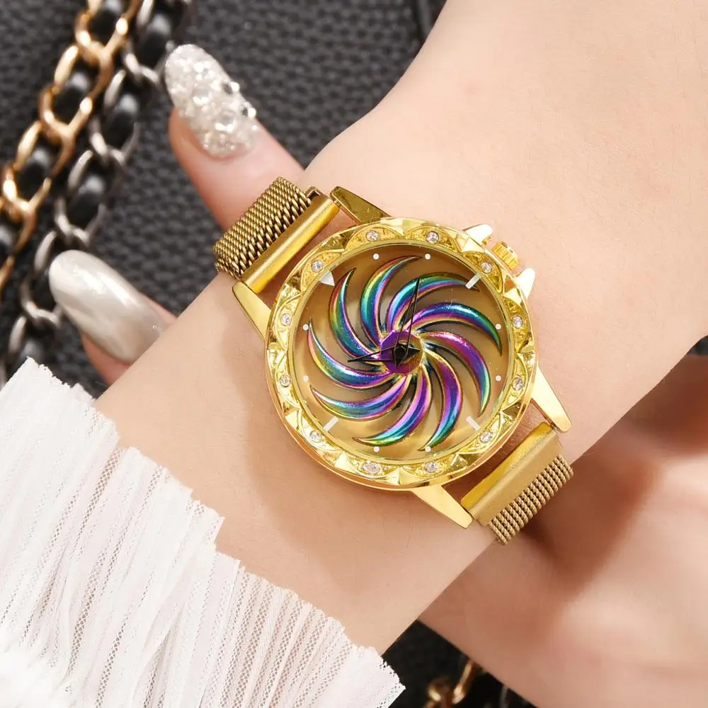 Rotating windmill Women Luxury Magnet Bracelet Watches 360 Rotate Wheel of Fortune Relogio FemininoQuartz Watch Female Clock