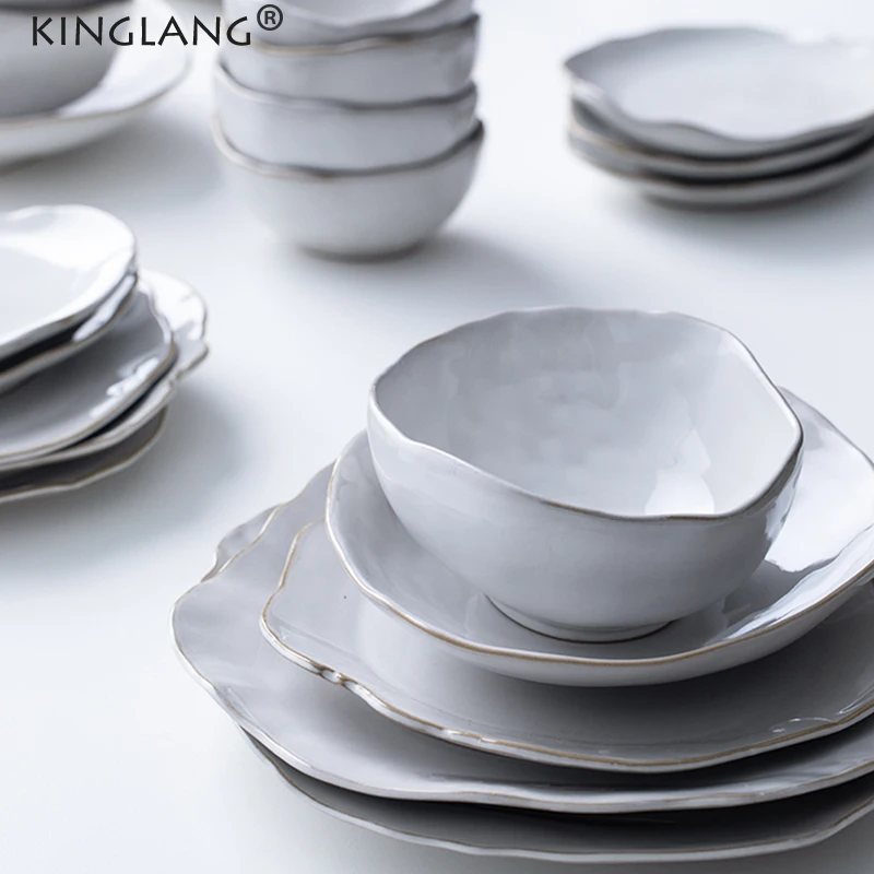 KINGLANG  2/4 Person Dinner Set Ceramic Creative Household Dishes Rice Bowl Dinnerware Plate Food Tableware Set