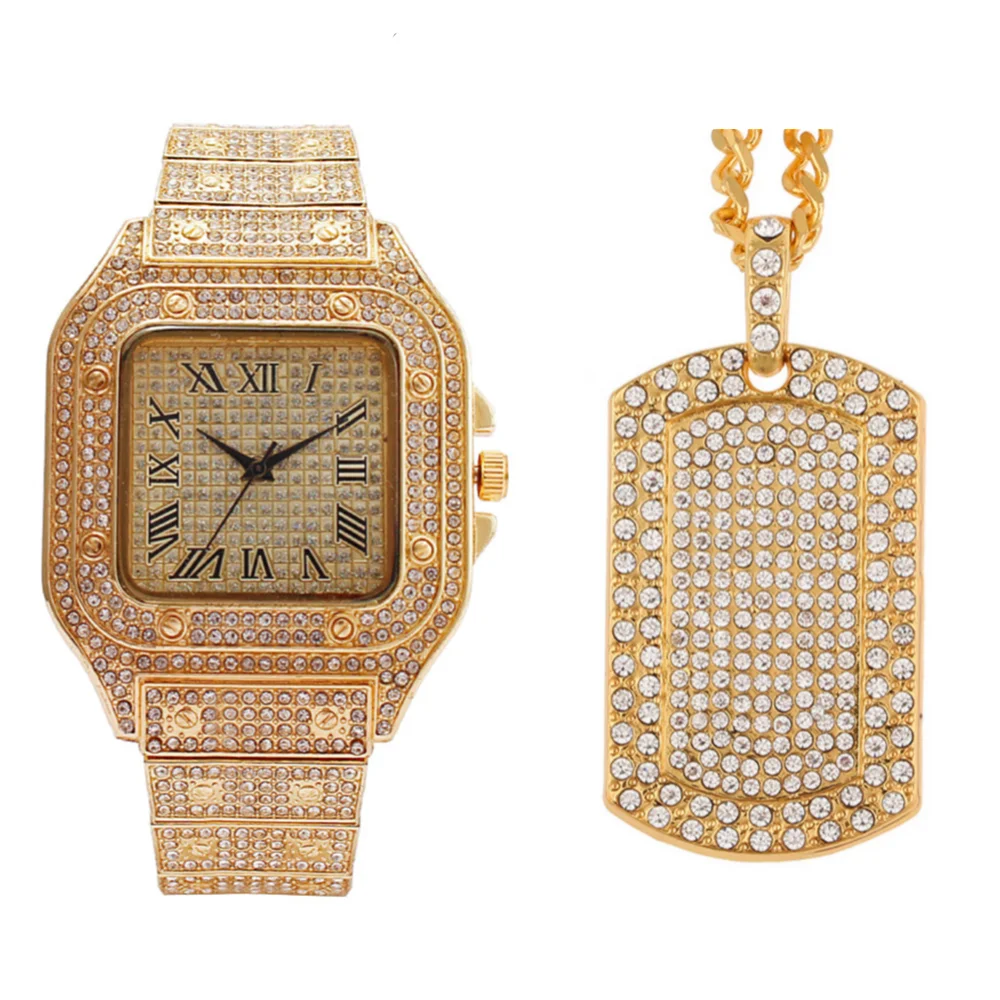 Watch Necklace for Men 2pcs Luxury Iced Out Watch Men Bling Bling Chains Fashion Jewelry Square Pendant Gold Diamond Men Watches