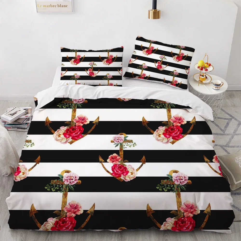 3D Printed Bedding Sets luxury Blcak And White Stripe Ship Anchor Single Queen Double Full King Twin Bed For Home Duvet Cover