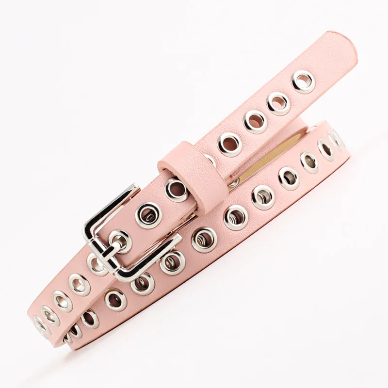 Women Belt Punk Cool Metal Buckle Adjustable Double Eyelet Grommet Leather Fashion Waistband for Jeans Dress Hole Waist Belt