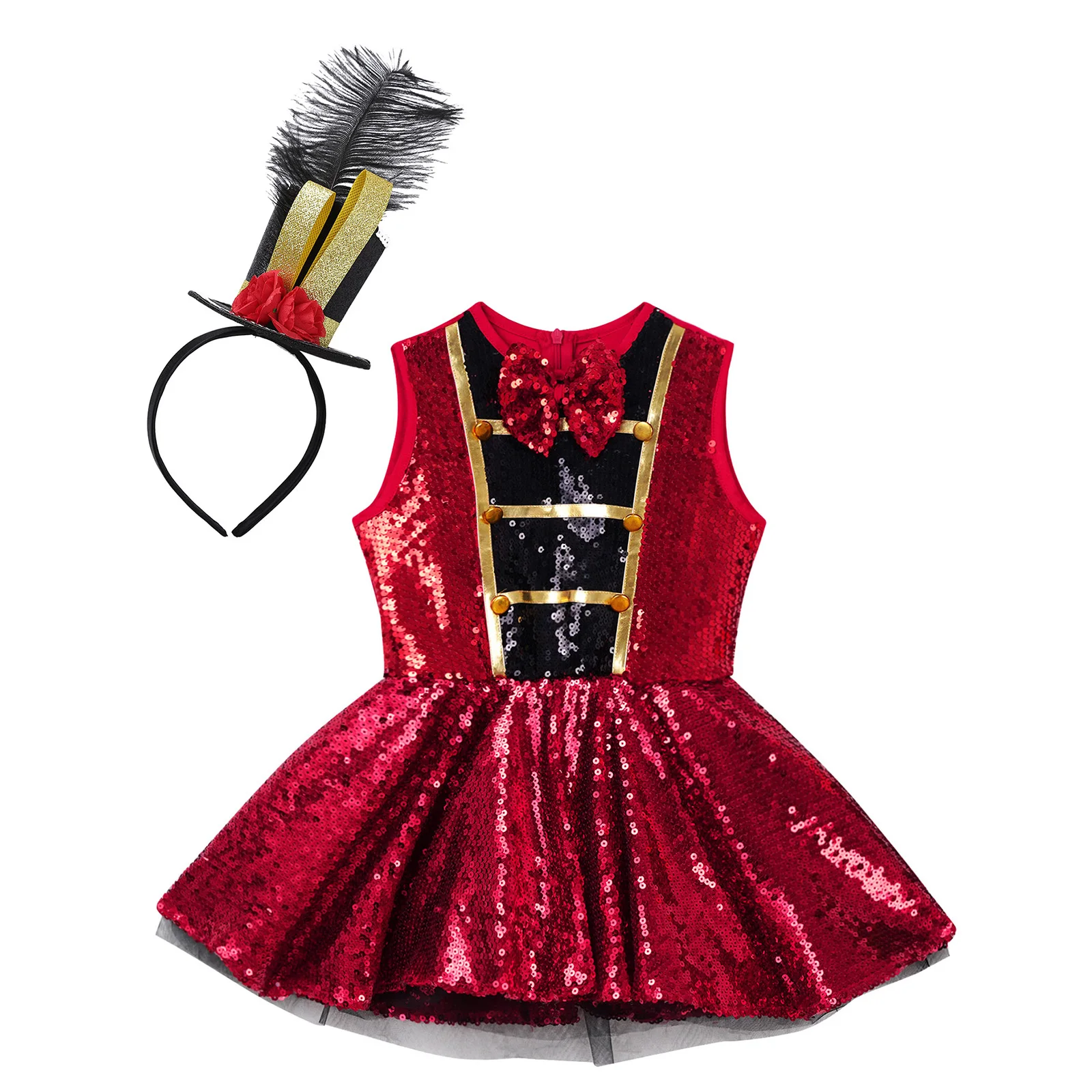 4-16 Years Girls Circus Ringmaster Costumes Shiny Sequins Leotard Dress with Feather Hat for Halloween Carnival Party Dress Up