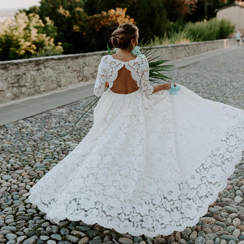 Encaje 3/4 mangas cerradura boda Vestido elegante de 2021 una línea cuello barco marfil faja de vestido de novia para fotografía