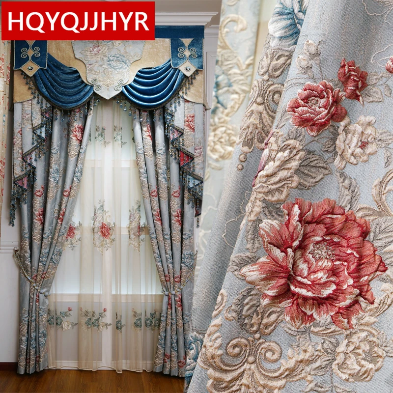 Europe luxury 3D embossed high quality blue thickened blackout curtains for living room windows hotel bedroom apartment kitchen