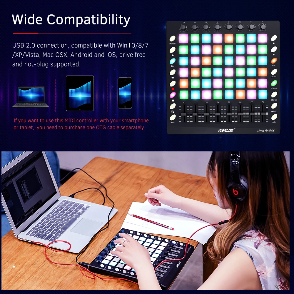 Worlde ORCA PAD48 PRO MIDI Keyboard Pad Controller 16 Drum Pads USB MIDI Drum Pad Controller 48 Pads RGB Backlit DJ Remix