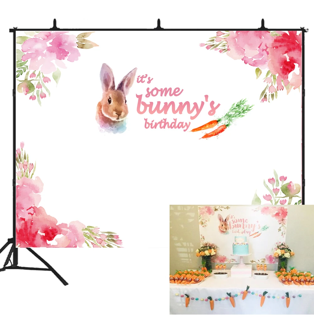 

BEIPOTO It's Some bunny's Birthday party banner supplies for girl backdrops photography background pink flower cake table B-228