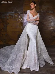 Wedding Dress Mermaid Lace Elegant Sweetheart Neckline Full Sleeves 2 in 1 Long Plus Sizes Bride-Gown