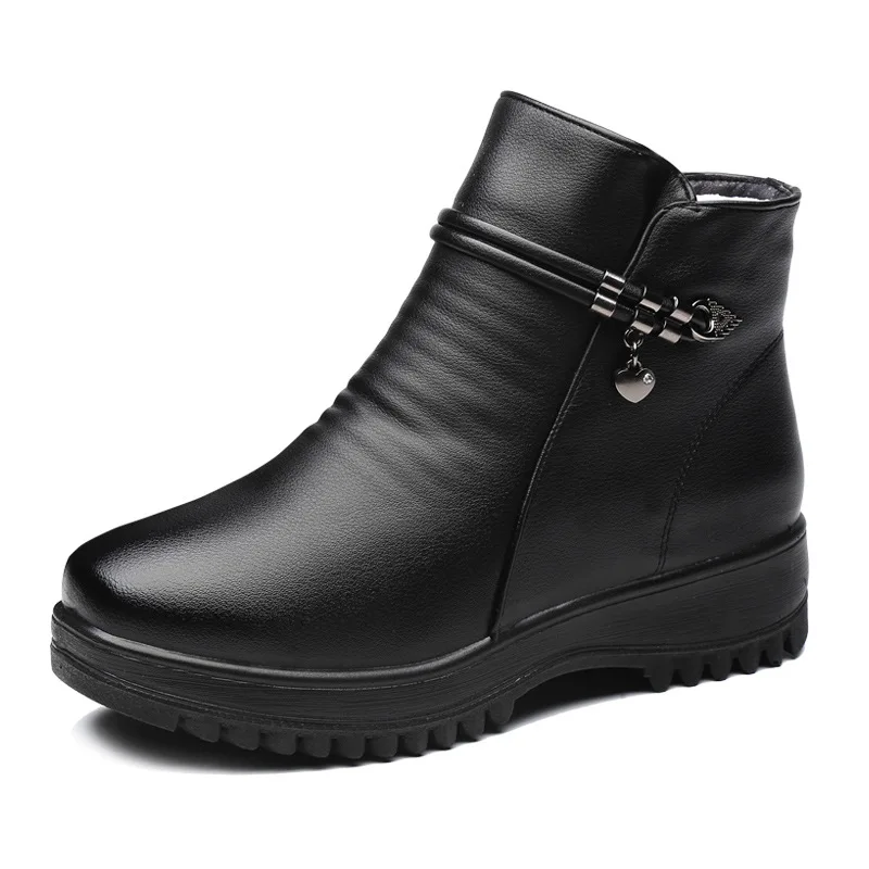 Solid Black Women Snow Boots Metal Classic Furry Winter Shoes Female Ankle Boots Plus Size 4.5-10.5 Ladies Leather Booties