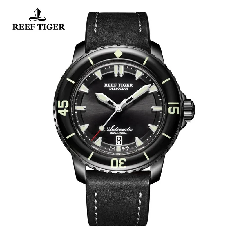 

Reef Tiger/RT Новые спортивные мужские часы для дайвинга с кожаным ремешком с датой, супер светящиеся сапфировое стекло, водонепроницаемые часы 200 м