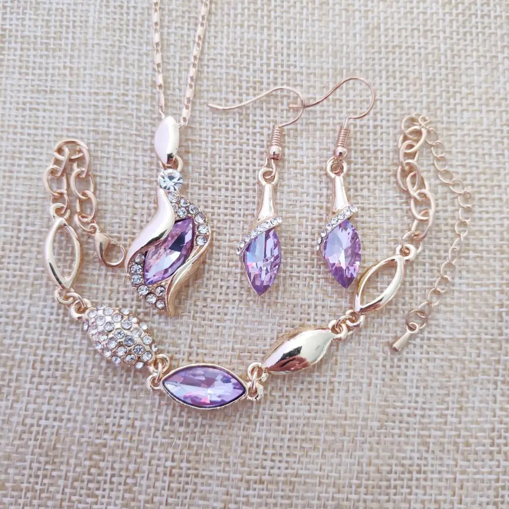 Women's fashion gold color jewelry set Austrian gold light purple crystal wedding jewelry set free shipping s037