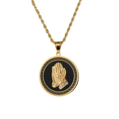 

Brand Hot Sale Men's Hip Hop Fashion Jewelry Stainless Steel Round Hand Pendant Necklace