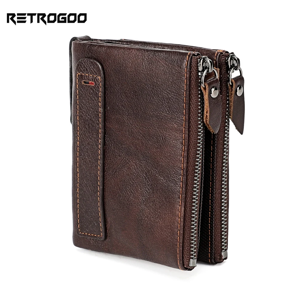 RETROGOO Genuine Crazy Horse Cowhide Leather Men Wallet Short Coin Purse Small Vintage Wallets Card Holder Female Clutch Cartera