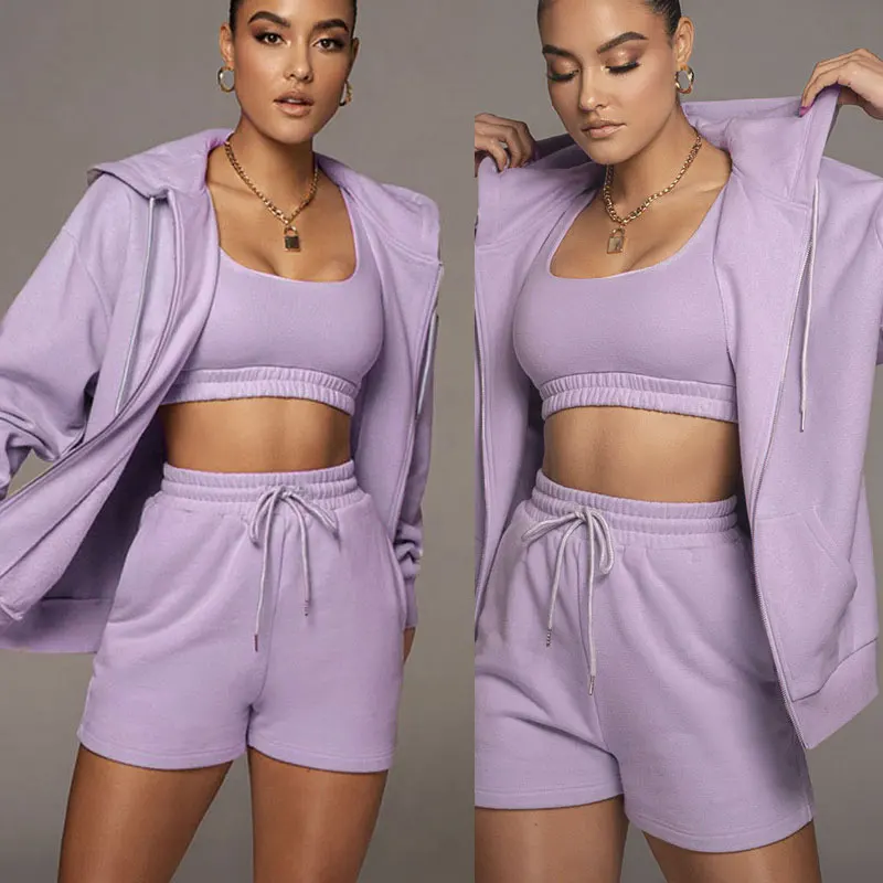 

2021 Solid Color Shorts Suit Ladies Tops Short Two-Piece Drawstring Shorts With Sportswear Suit Summer Sports Leisure Suit