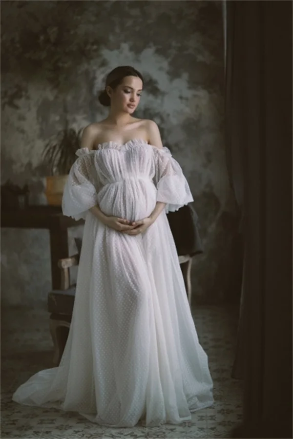 

White Ivory Illusion Ruffles Photoshoot Dress Pregnant Women Winter Kimono Party Prom Sleepwear Bathrobe Sheer Nightgown Robe