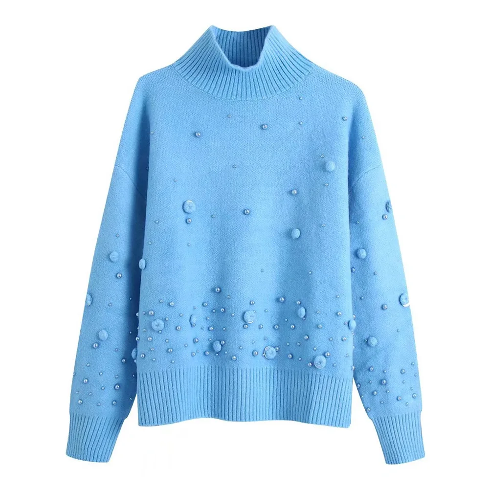 

KPYTOMOA Women Fashion With Pompom Sequin Appliques Loose Knit Sweater Vintage High Neck Long Sleeve Female Pullovers Chic Tops