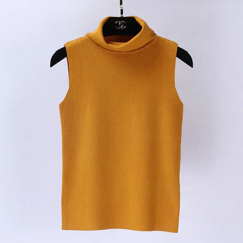 Women\'s Elegant Stretch Turtleneck Sleeveless Knitted Top Summer Autumn Soldi Color Pullover Sweater Lady Chic Basic Jumper Vest