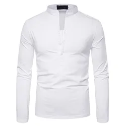 Men Solid Color T-shirts Autumn Slim Henry Neck Long Sleeve Tee Shirt Causal Fall Winter Top Clothing Masculina