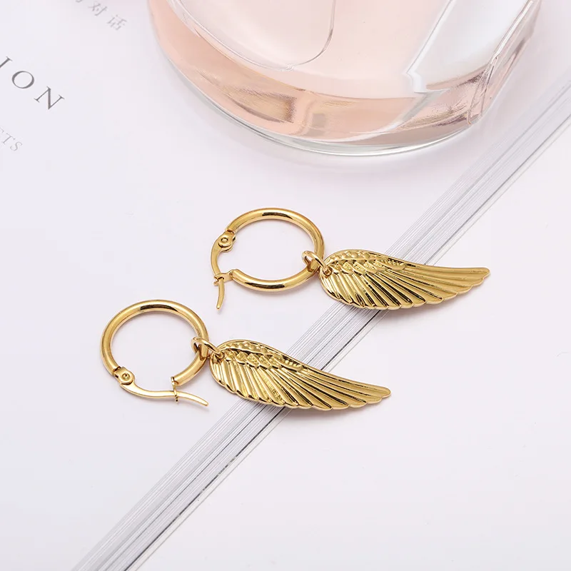 Gold Color Stainless Steel Angel Wings Dangle Earrings for Men Boy Fashion Feathers Punk Cool Male Jewelry