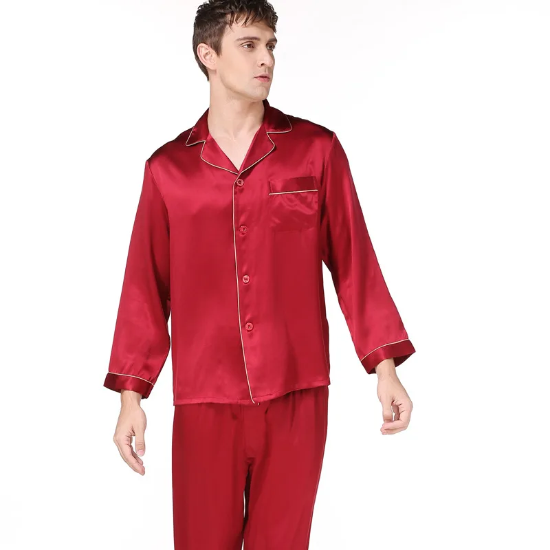100% Mulberry Silk Men Pajama Sets Noble Notch Collar Full Sleeves Top with Full-Length Pant with Elastic Waist Pajamas sp0140