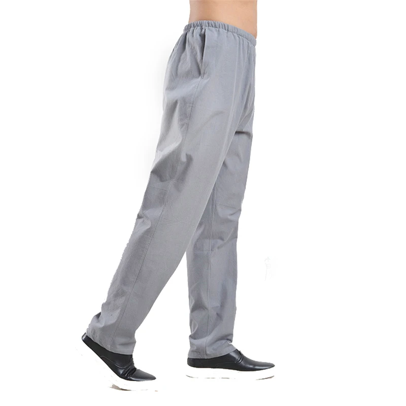 Calça masculina kung fu, calça tradicional chinesa de 100% algodão, wu shu tai chi, cintura elástica solta, macia