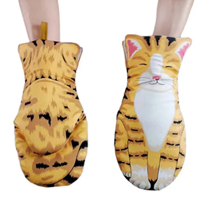 3D Cartoon Cat Paws Oven Mitts Long Cotton Baking Insulation Gloves Microwave Heat Resistant Non-Slip Kitchen Gloves