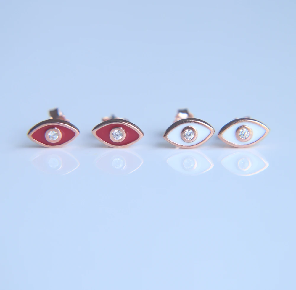 100% 925 sterling silver rose gold red white enamel color anti allergy tiny cute eye girl stud earring minimal jewelry