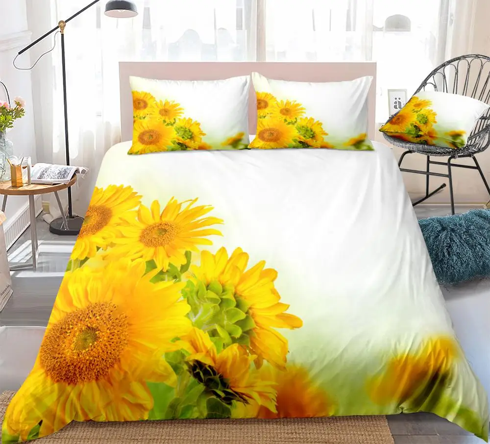 

3D Sunflowers Duvet Cover Set Yellow Flowers Bed Set White Bedding Kids Boys Girls Microfiber Quilt Cover Queen 3pcs Dropship