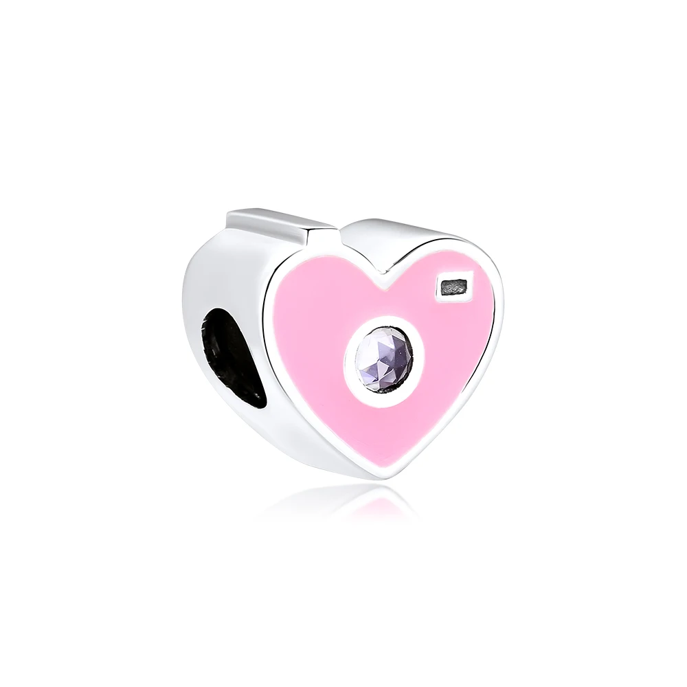 

CKK 100% 925 Sterling-Silver-Jewelry Camera Heart Charms,Pink Enamel DIY Fits for Europe Making Charms Original Bracelet
