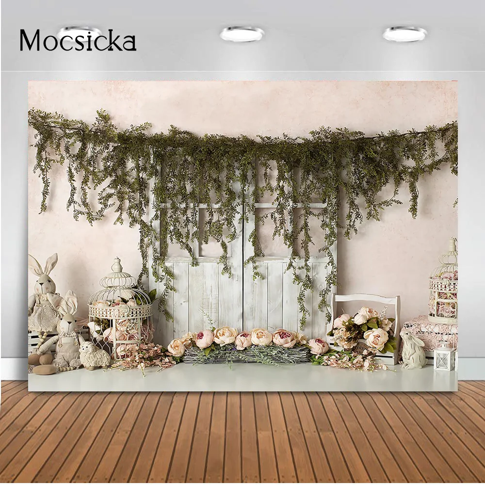 

Mocsicka rabbit backdrop Spring newborn wooden wedding background for photo stduio Infant wood door green plants photo backdrops