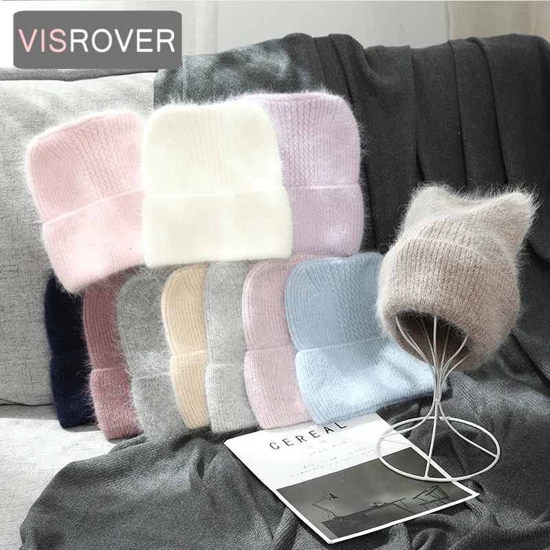 11 Colors Unisex Solid Color Real Rabbit Fur Cat Ear Beanies Winter Hat For Woman Rabbit Fur Autumn Warm Skullies Gift