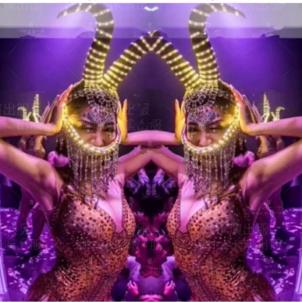 Headdress bodysuit Lumious Ed horns headwear nightclub bar gogo dance ds stage show luminous costumes