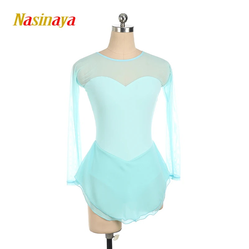 Women\'s Dress Figure Skating Competition Training Children\'s Rhythmic Gymnastics Round Neck Long Sleeve Lace White Blue