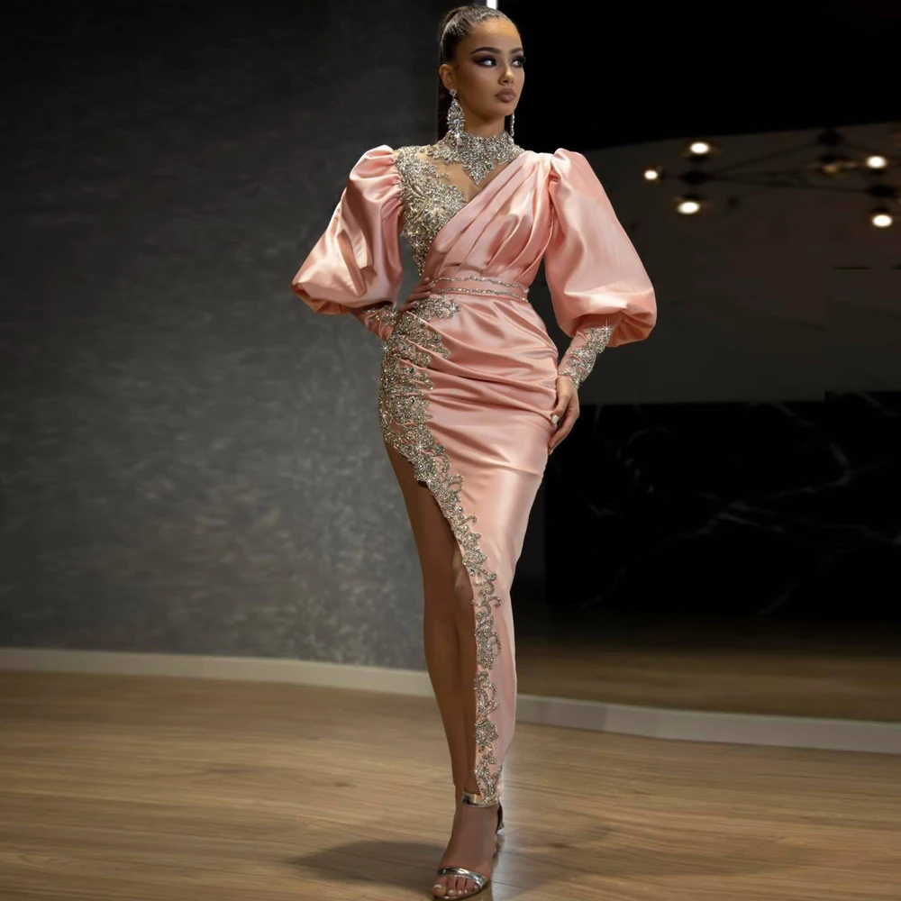 Yipeisha Luxury Crystals Mermaid Prom Dresses Long Sleeves Pink Party Gown High Collar Satin Rhinestones Arabic Evening Dresses