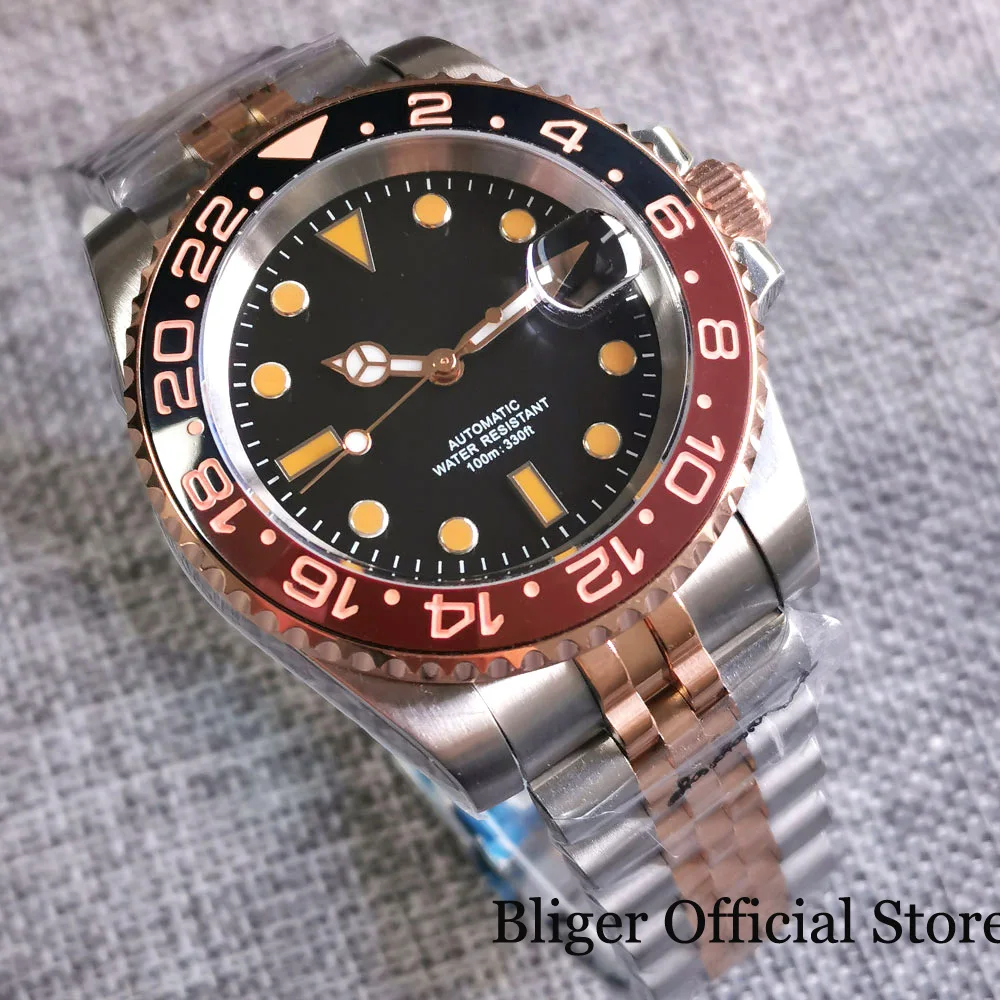 BLIGER Fashion 100M Waterproof NH35A PT5000 Two Tone Rose Gold Automatic Men Watch Jubilee Bracelet Root Beer Ceramic Insert